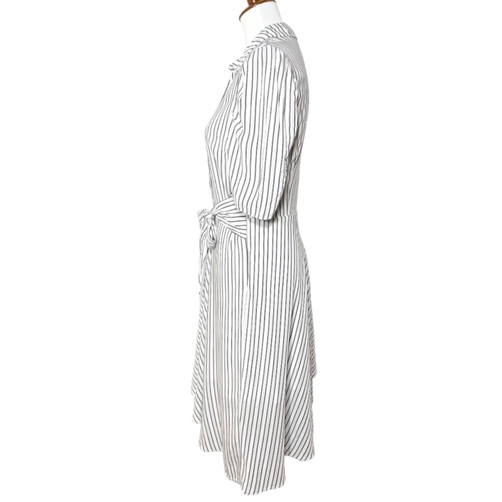 1. State White Pinstripe Tie Waist Asymmetrical High Low Short Sleeve Shittdress - Picture 7 of 12